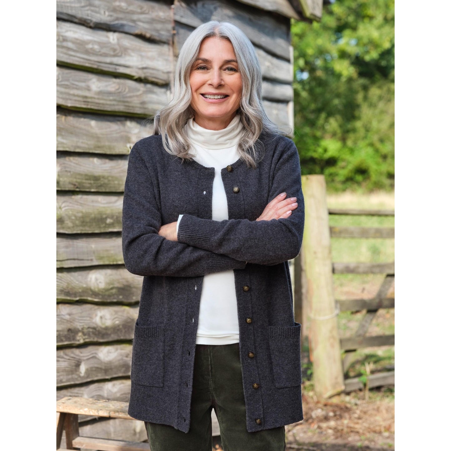 Charcoal - Front - WoolOvers Womens-Ladies Lambswool Crew Neck Cardigan