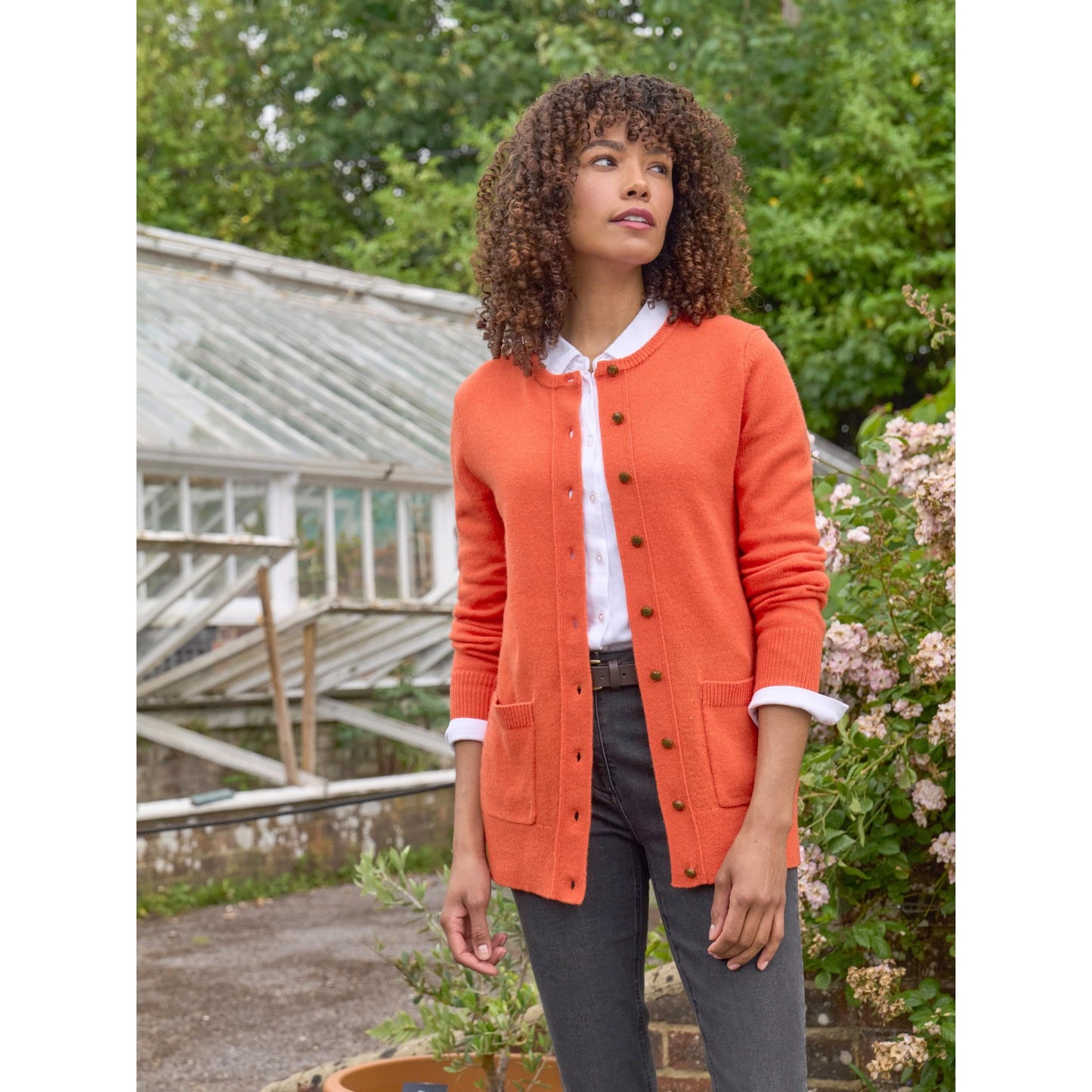 Coral - Front - WoolOvers Womens-Ladies Lambswool Crew Neck Cardigan