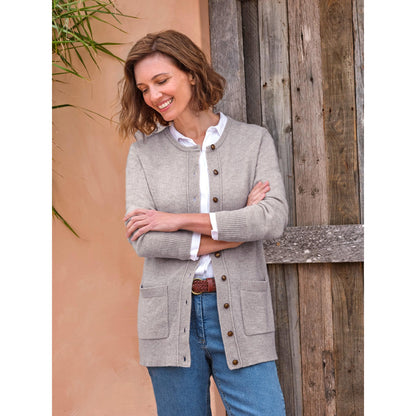 Grey Marl - Front - WoolOvers Womens-Ladies Lambswool Crew Neck Cardigan