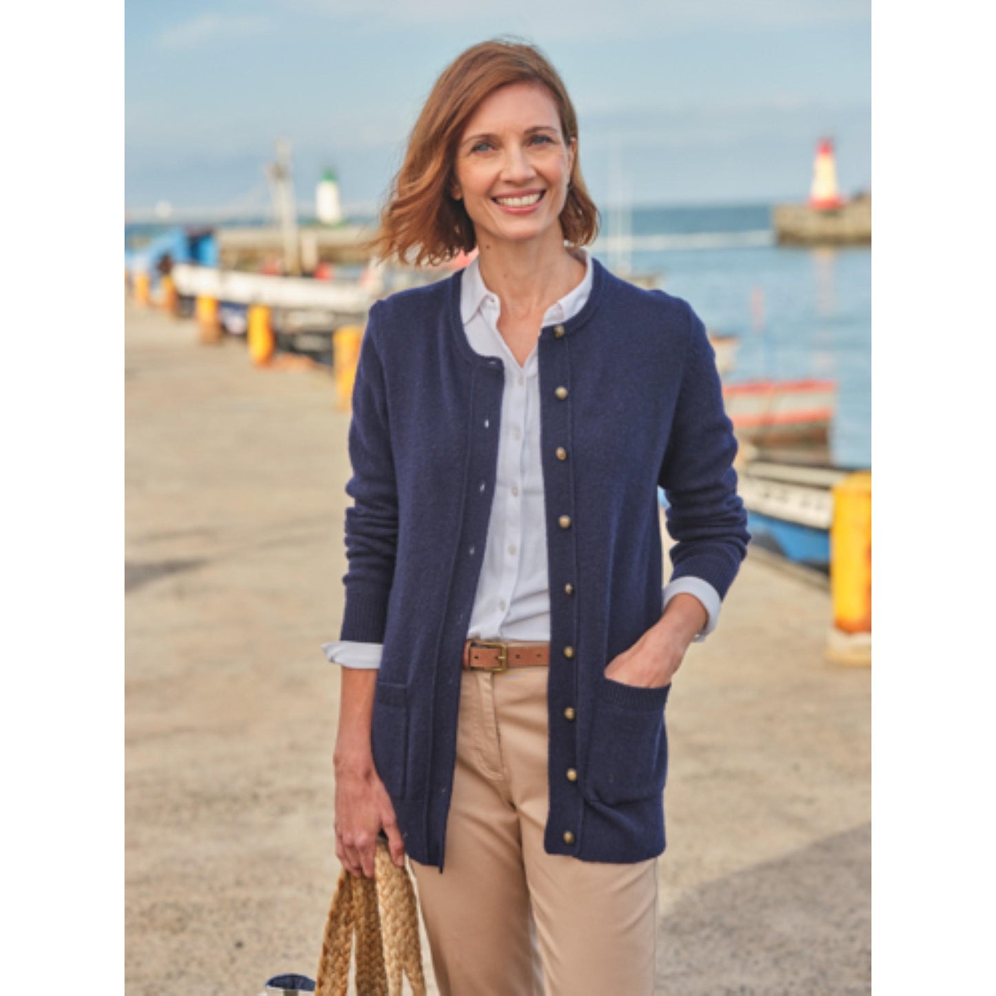 Navy - Front - WoolOvers Womens-Ladies Lambswool Crew Neck Cardigan