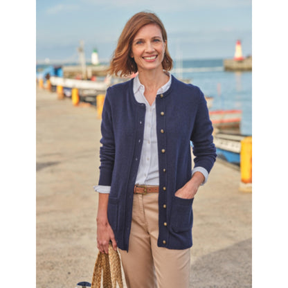 Navy - Front - WoolOvers Womens-Ladies Lambswool Crew Neck Cardigan