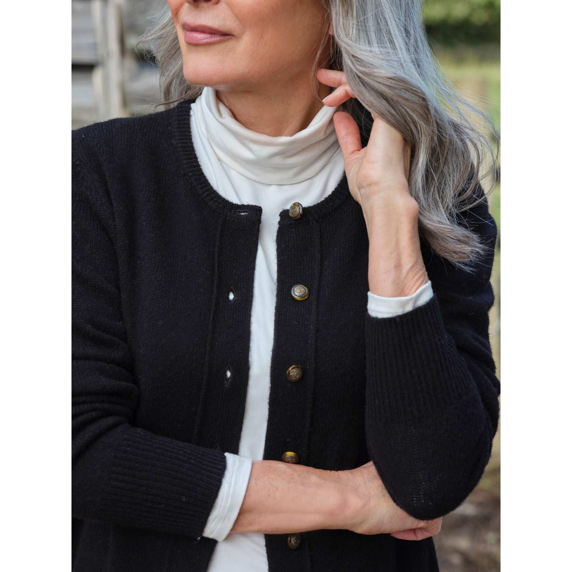 Black - Back - WoolOvers Womens-Ladies Lambswool Crew Neck Cardigan