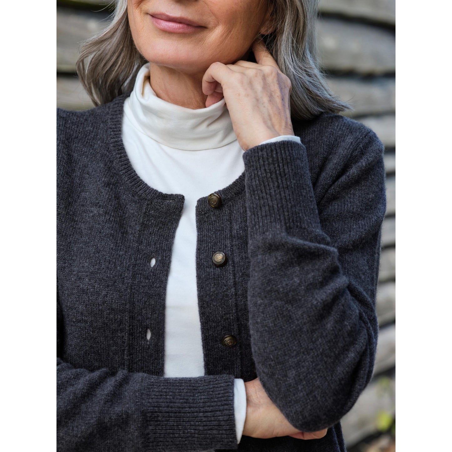 Charcoal - Back - WoolOvers Womens-Ladies Lambswool Crew Neck Cardigan