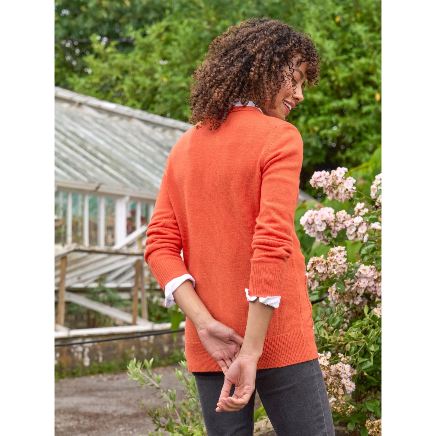 Coral - Back - WoolOvers Womens-Ladies Lambswool Crew Neck Cardigan