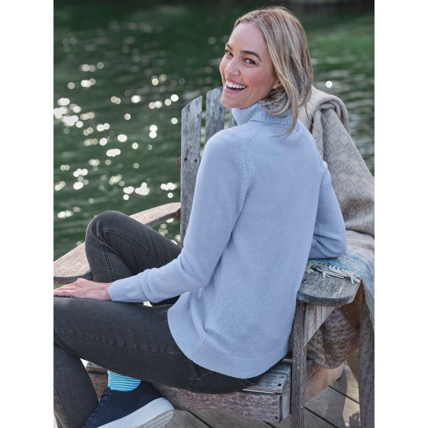 Periwinkle Blue - Back - WoolOvers Womens-Ladies Cashmere Polo Neck Fitted Jumper