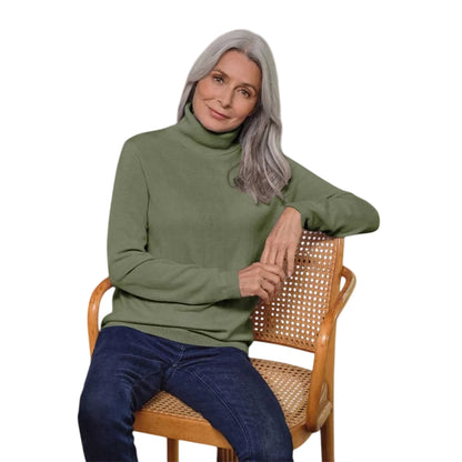 Khaki Green-Haze - Front - WoolOvers Womens-Ladies Cashmere Polo Neck Fitted Jumper