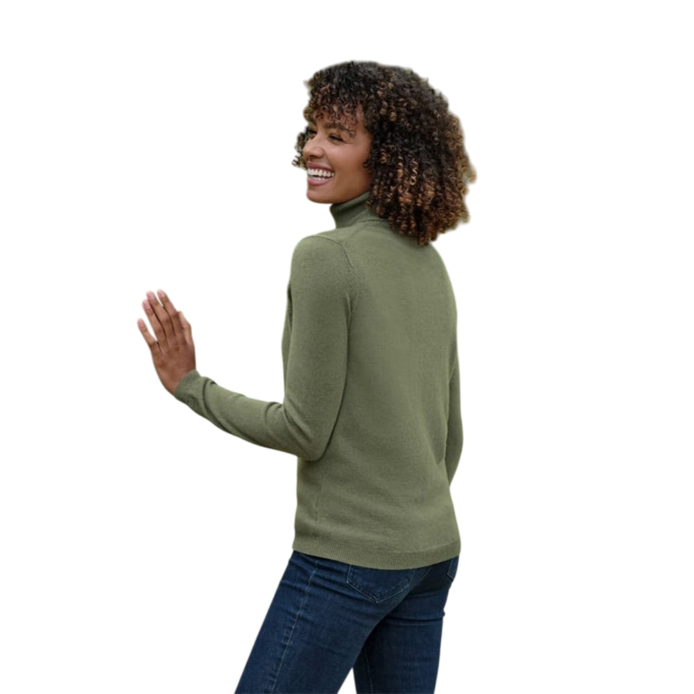 Khaki Green-Haze - Back - WoolOvers Womens-Ladies Cashmere Polo Neck Fitted Jumper