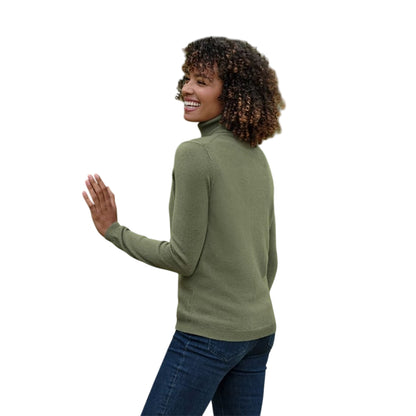 Khaki Green-Haze - Back - WoolOvers Womens-Ladies Cashmere Polo Neck Fitted Jumper