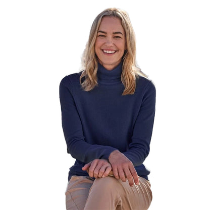 Navy Blue - Front - WoolOvers Womens-Ladies Cashmere Polo Neck Fitted Jumper