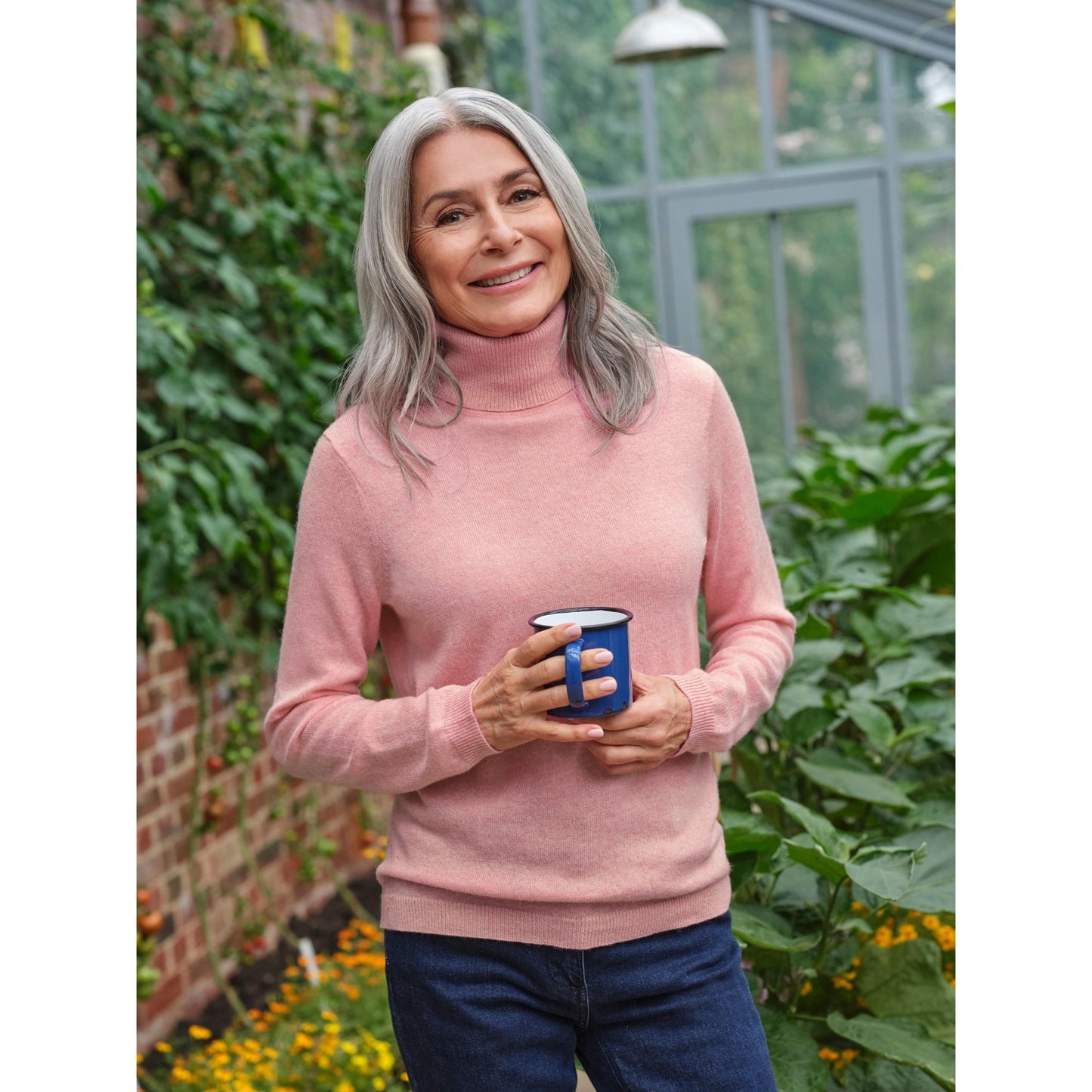 Ballet Pink - Front - WoolOvers Womens-Ladies Cashmere Polo Neck Fitted Jumper