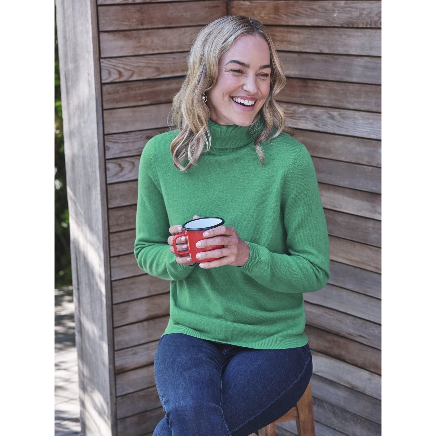 Bright Emerald - Front - WoolOvers Womens-Ladies Cashmere Polo Neck Fitted Jumper