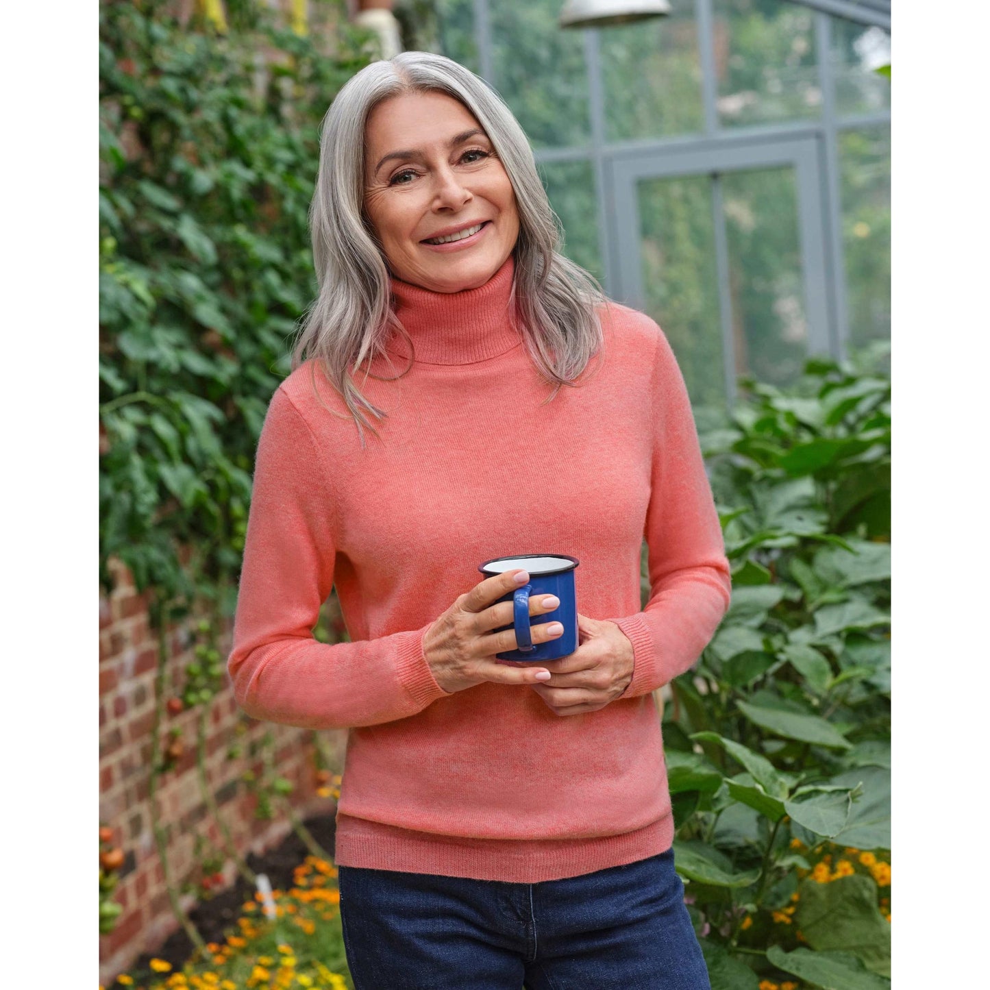 Coral Pink - Front - WoolOvers Womens-Ladies Cashmere Polo Neck Fitted Jumper