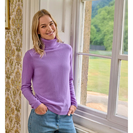 Allium Purple - Front - WoolOvers Womens-Ladies Cashmere Polo Neck Fitted Jumper