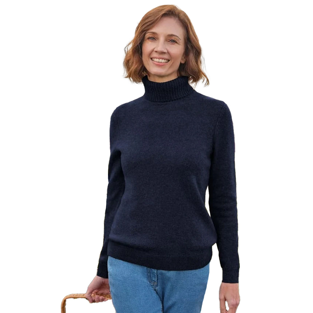 Navy - Front - WoolOvers Womens-Ladies Lambswool Polo Neck Jumper