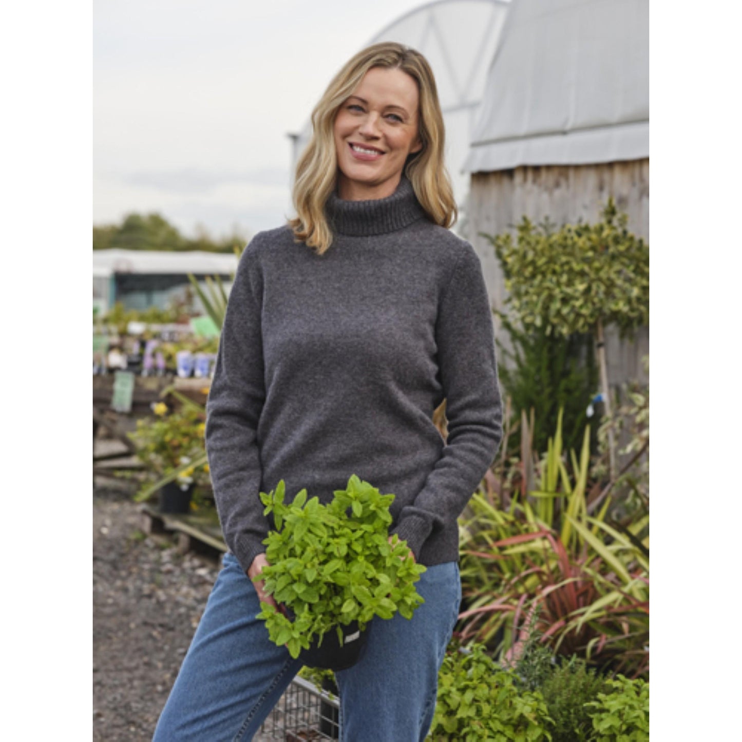 Charcoal - Front - WoolOvers Womens-Ladies Lambswool Polo Neck Jumper