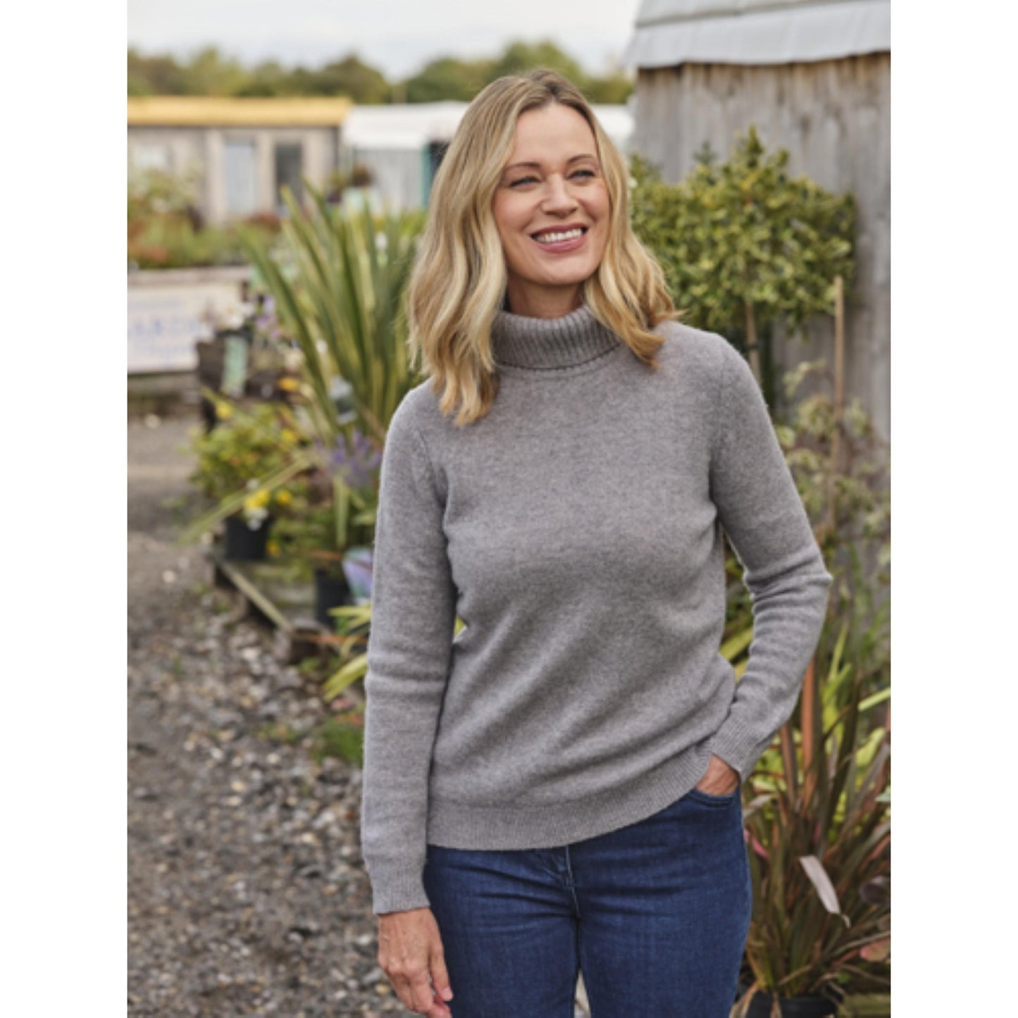 Grey Marl - Front - WoolOvers Womens-Ladies Lambswool Polo Neck Jumper