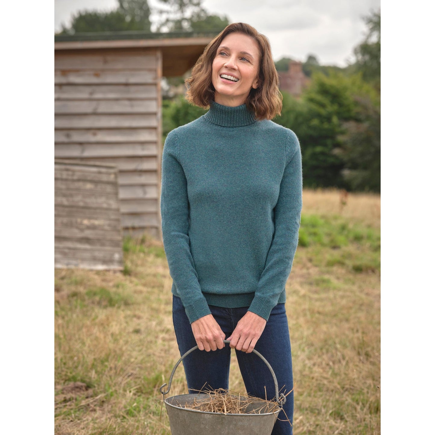 Teal Twist - Front - WoolOvers Womens-Ladies Lambswool Polo Neck Jumper