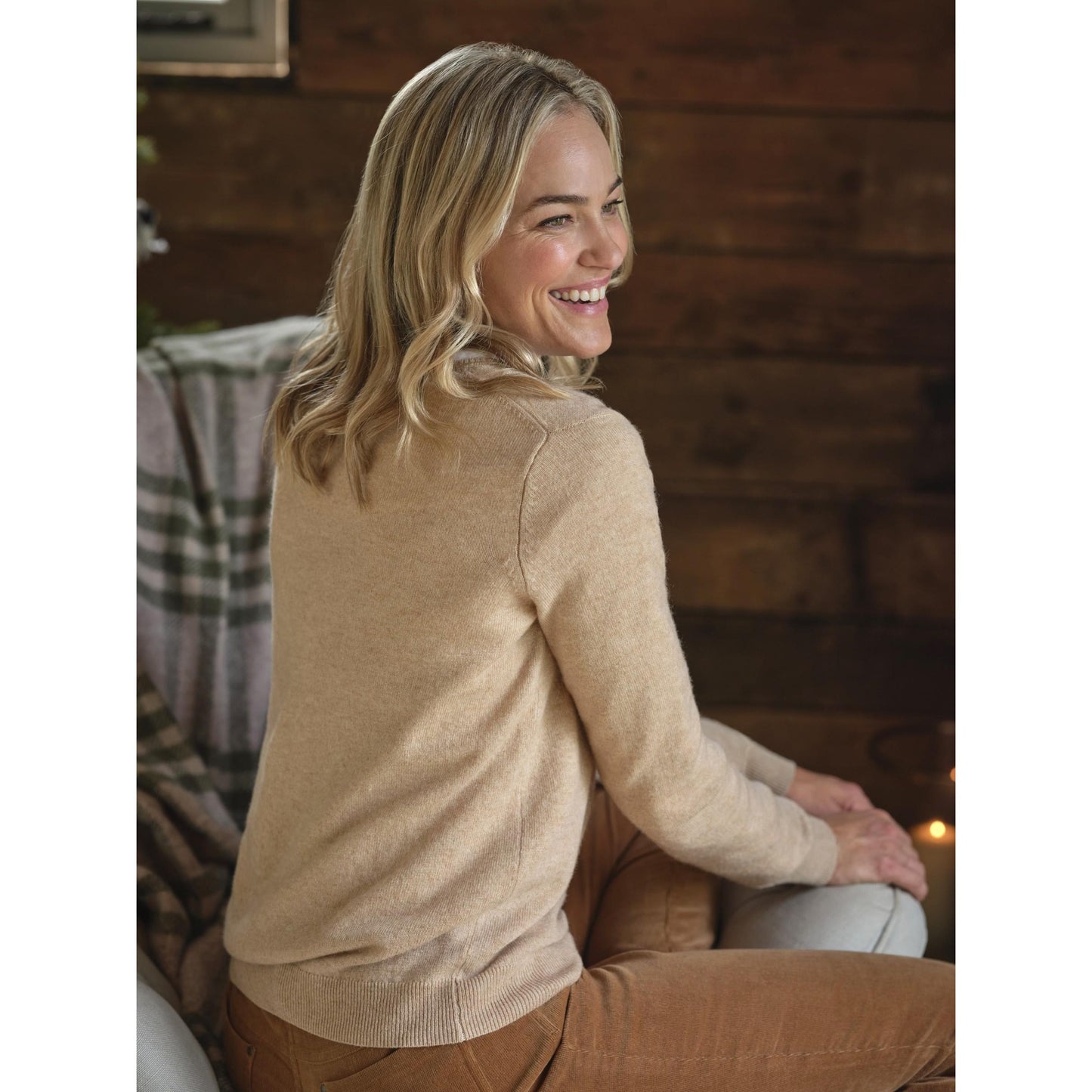 Camel - Back - WoolOvers Womens-Ladies Cashmere V Neck Jumper