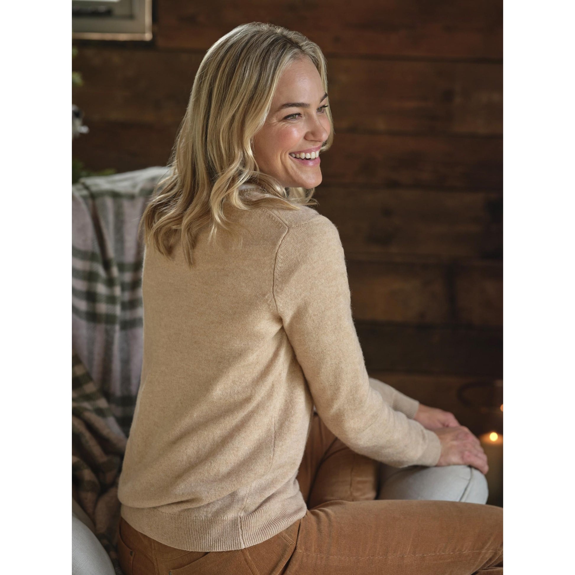Camel - Back - WoolOvers Womens-Ladies Cashmere V Neck Jumper