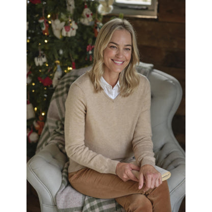 Camel - Front - WoolOvers Womens-Ladies Cashmere V Neck Jumper