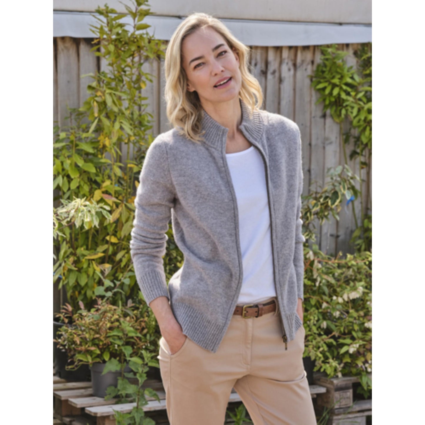 Grey Marl - Front - WoolOvers Womens-Ladies Lambswool Zipped Fitted Cardigan
