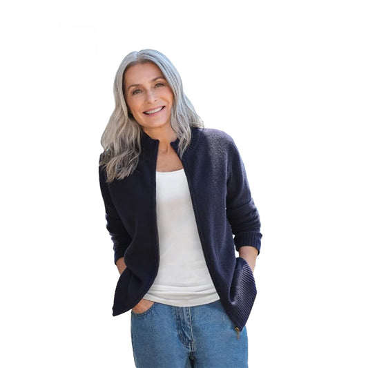 Navy - Front - WoolOvers Womens-Ladies Lambswool Zipped Fitted Cardigan
