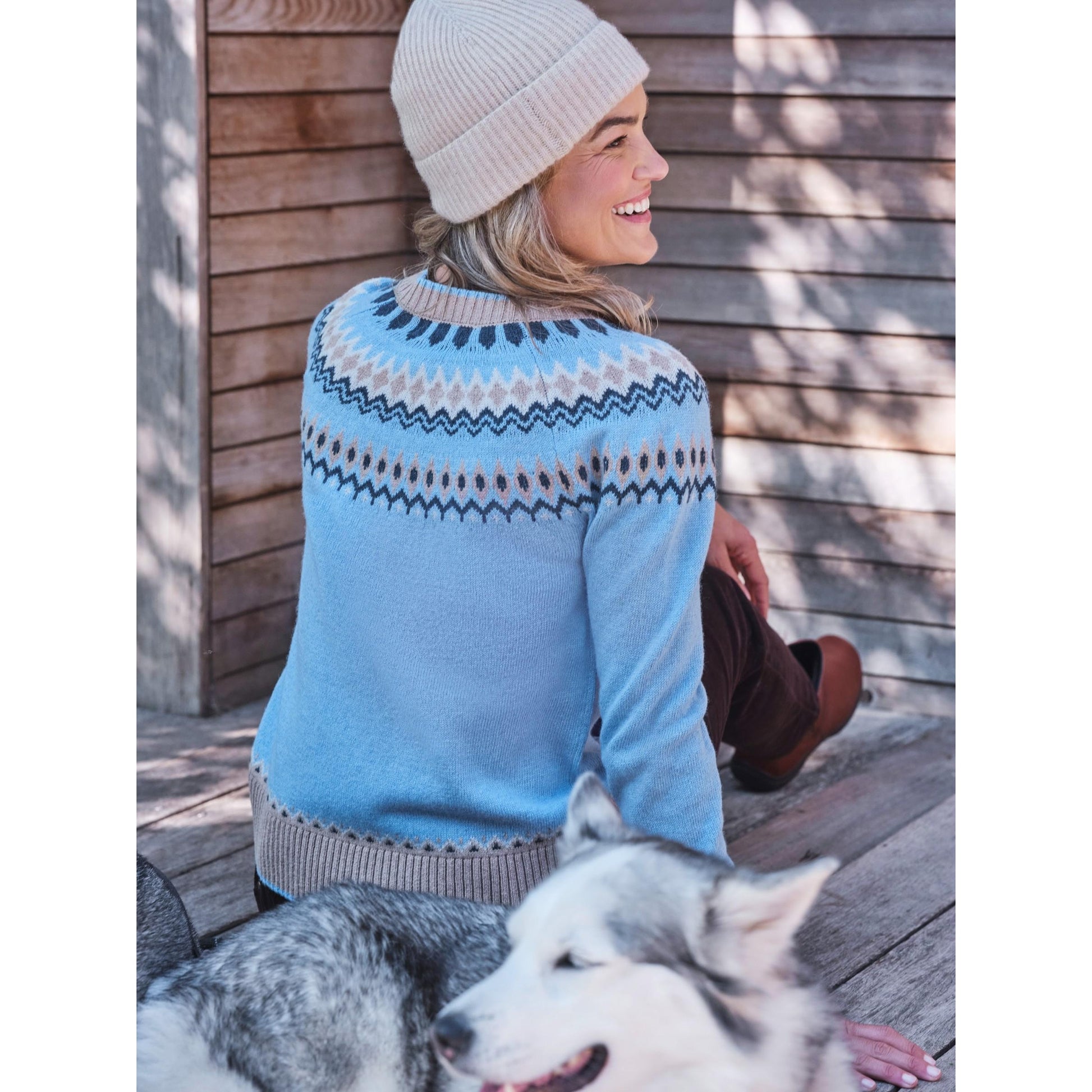 Blue - Front - WoolOvers Womens-Ladies Fair Isle Yoke Detail Jumper