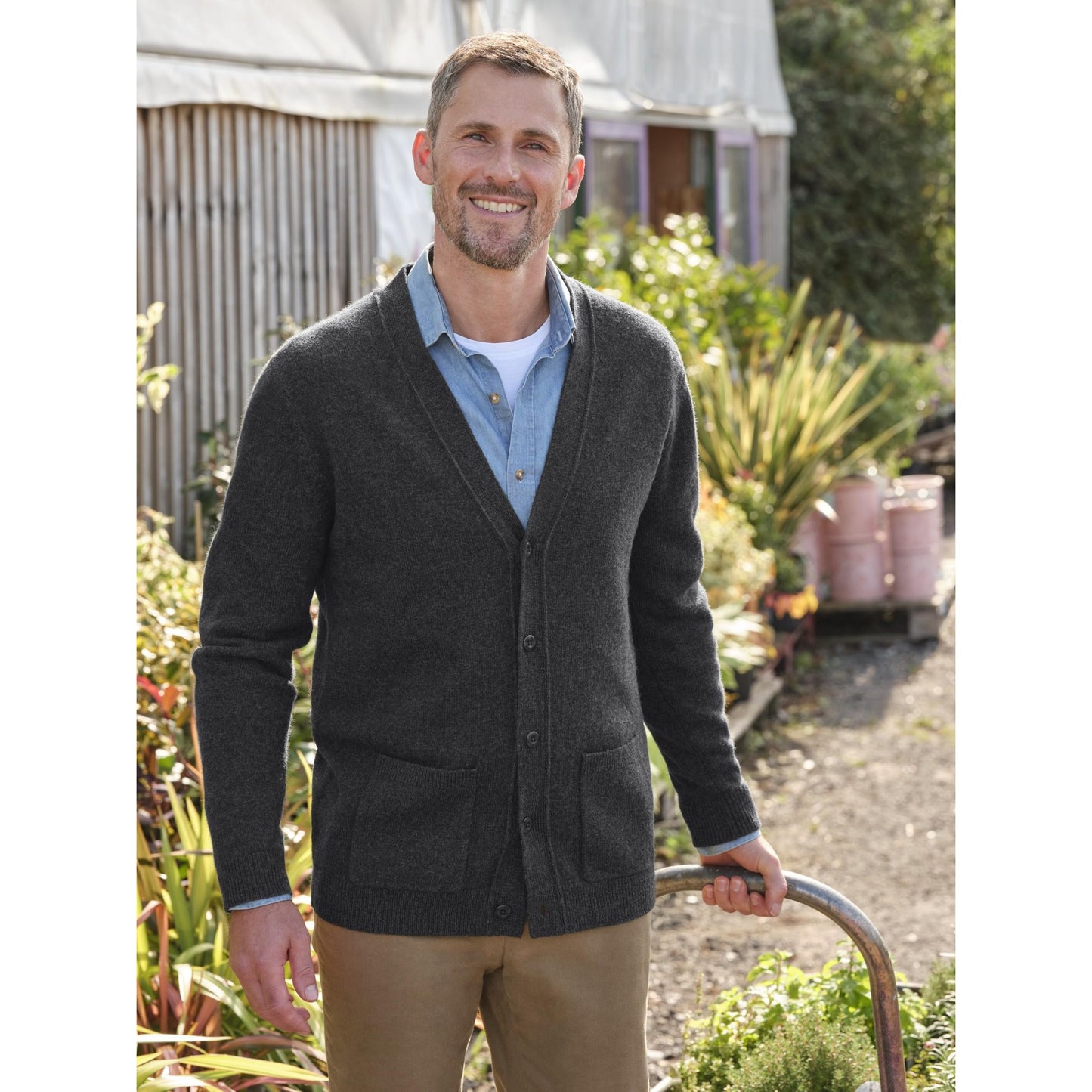 Charcoal - Front - WoolOvers Mens Lambswool V Neck Cardigan