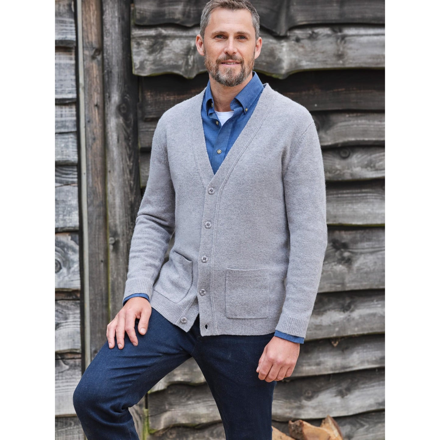 Grey Marl - Front - WoolOvers Mens Lambswool V Neck Cardigan
