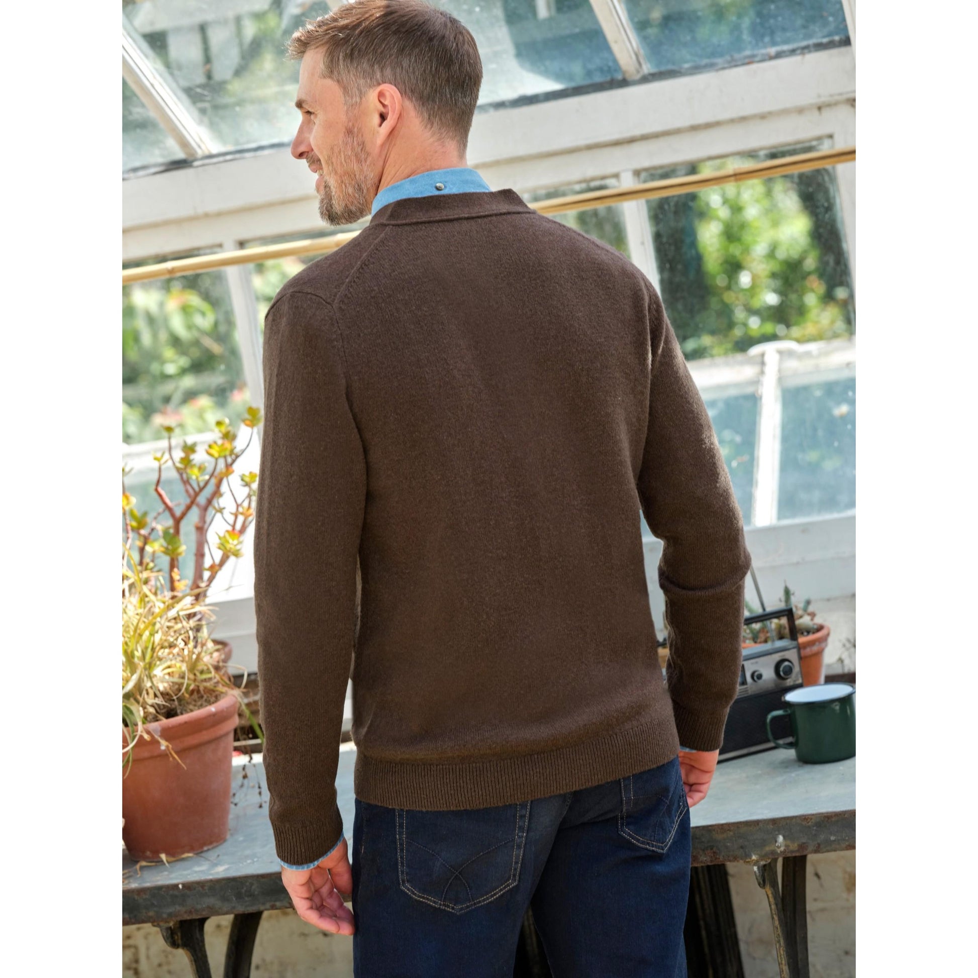 Brown - Back - WoolOvers Mens Lambswool V Neck Cardigan