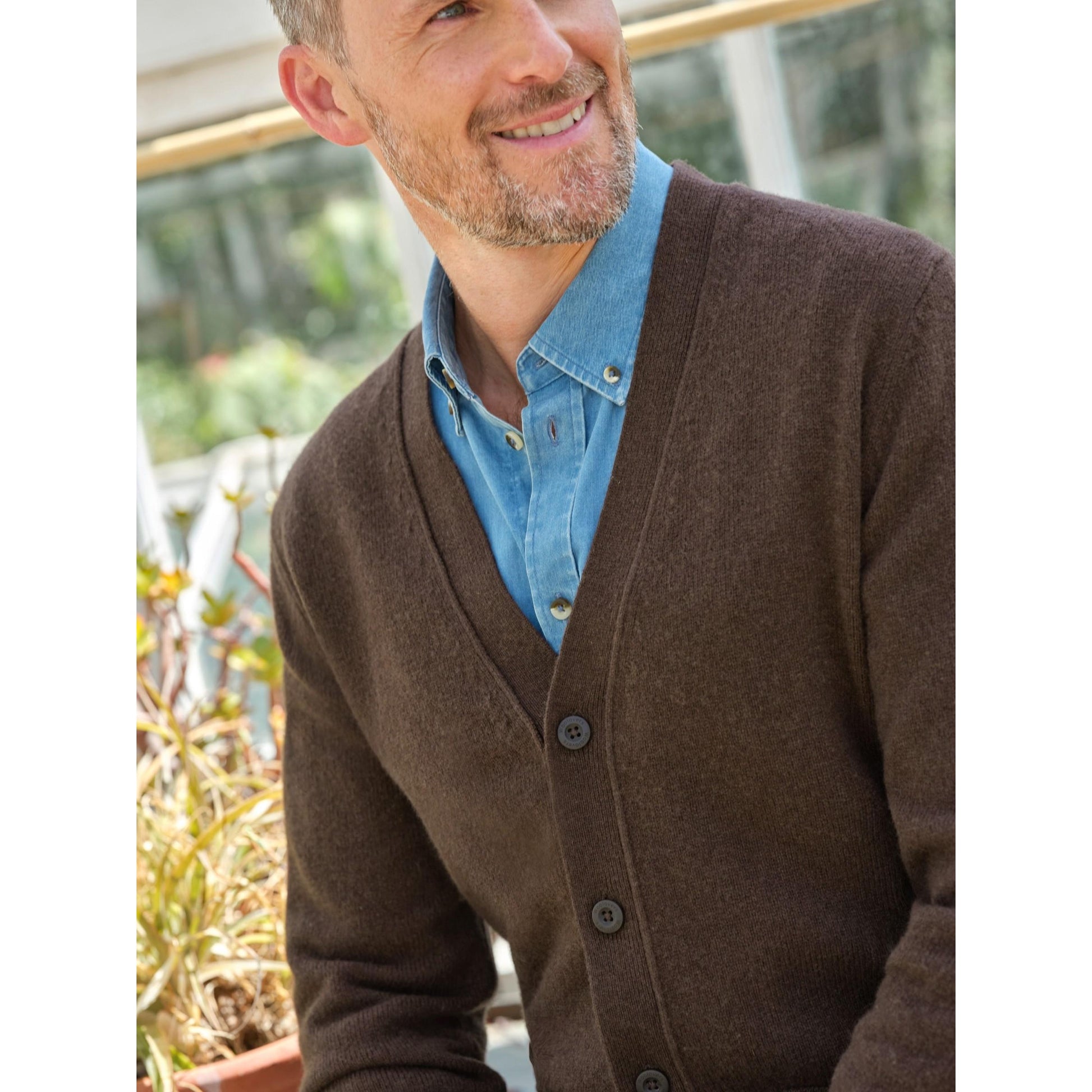 Brown - Side - WoolOvers Mens Lambswool V Neck Cardigan