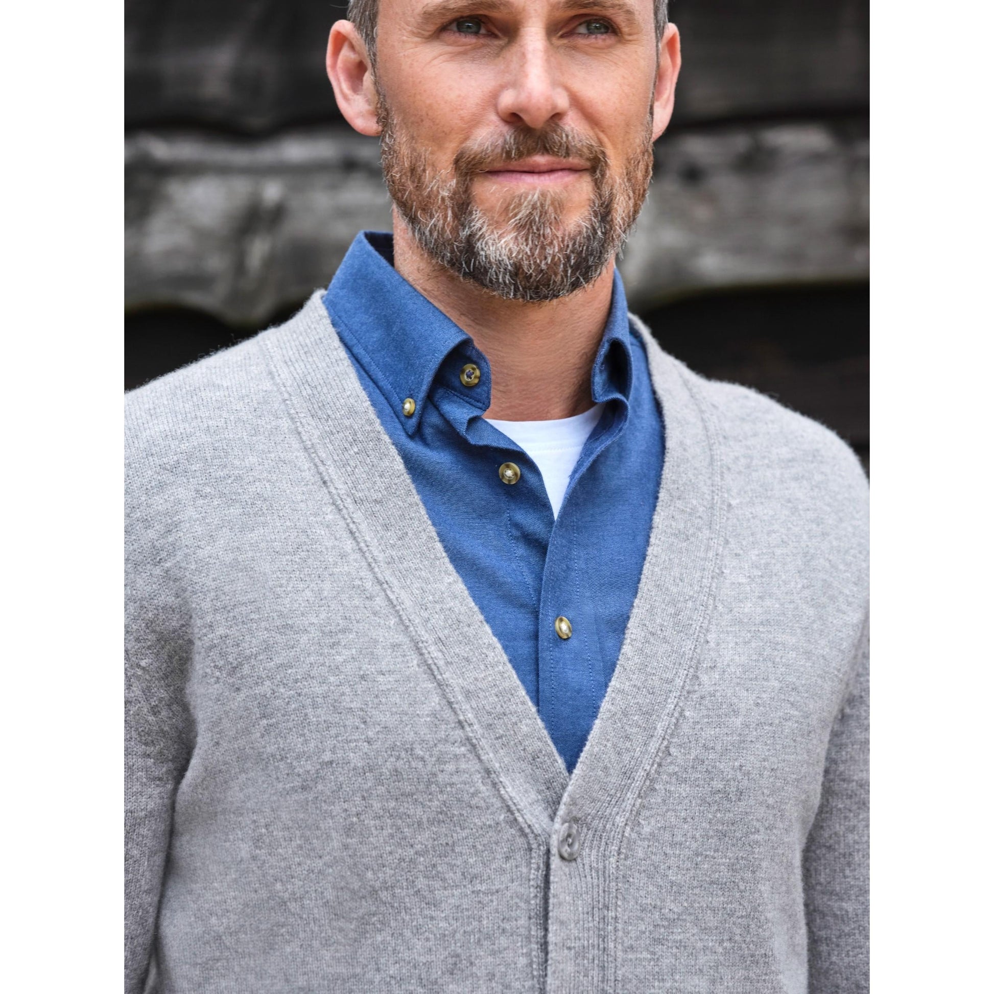 Grey Marl - Side - WoolOvers Mens Lambswool V Neck Cardigan