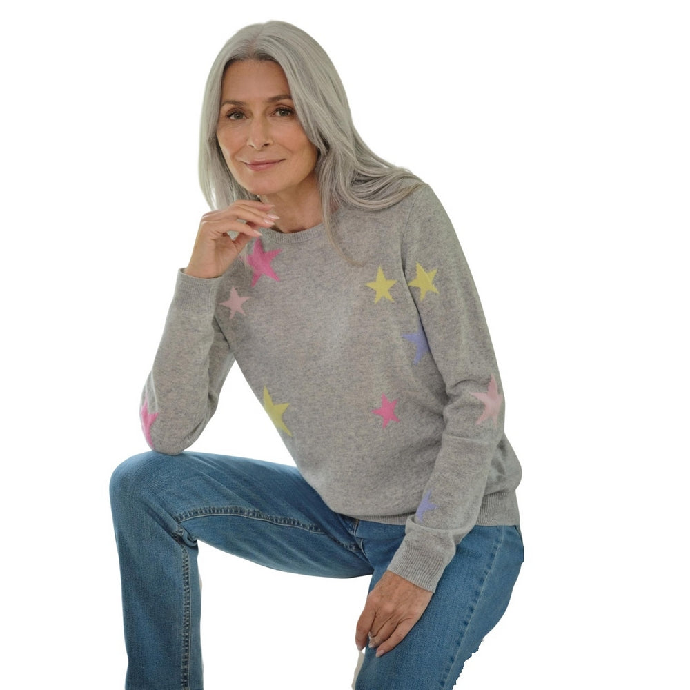 Grey - Front - WoolOvers Womens-Ladies Star Cashmere Merino Crew Neck Jumper