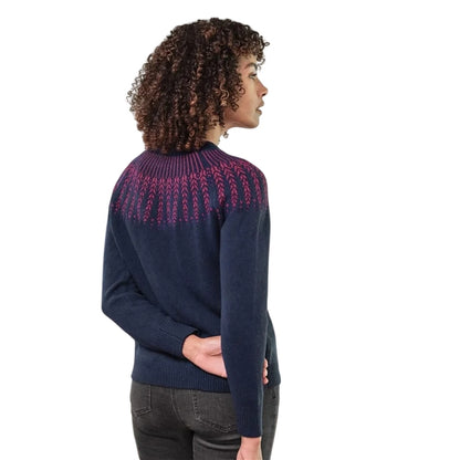 Navy-Pink - Back - WoolOvers Womens-Ladies Autumn Sprig Yoke Detail Autumn Jumper