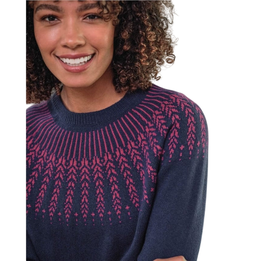 Navy-Pink - Side - WoolOvers Womens-Ladies Autumn Sprig Yoke Detail Autumn Jumper