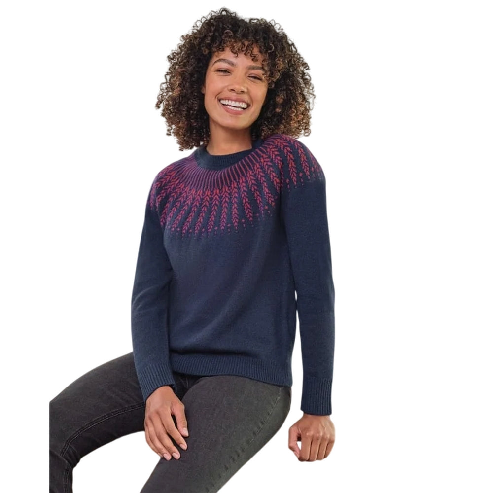 Navy-Pink - Front - WoolOvers Womens-Ladies Autumn Sprig Yoke Detail Autumn Jumper