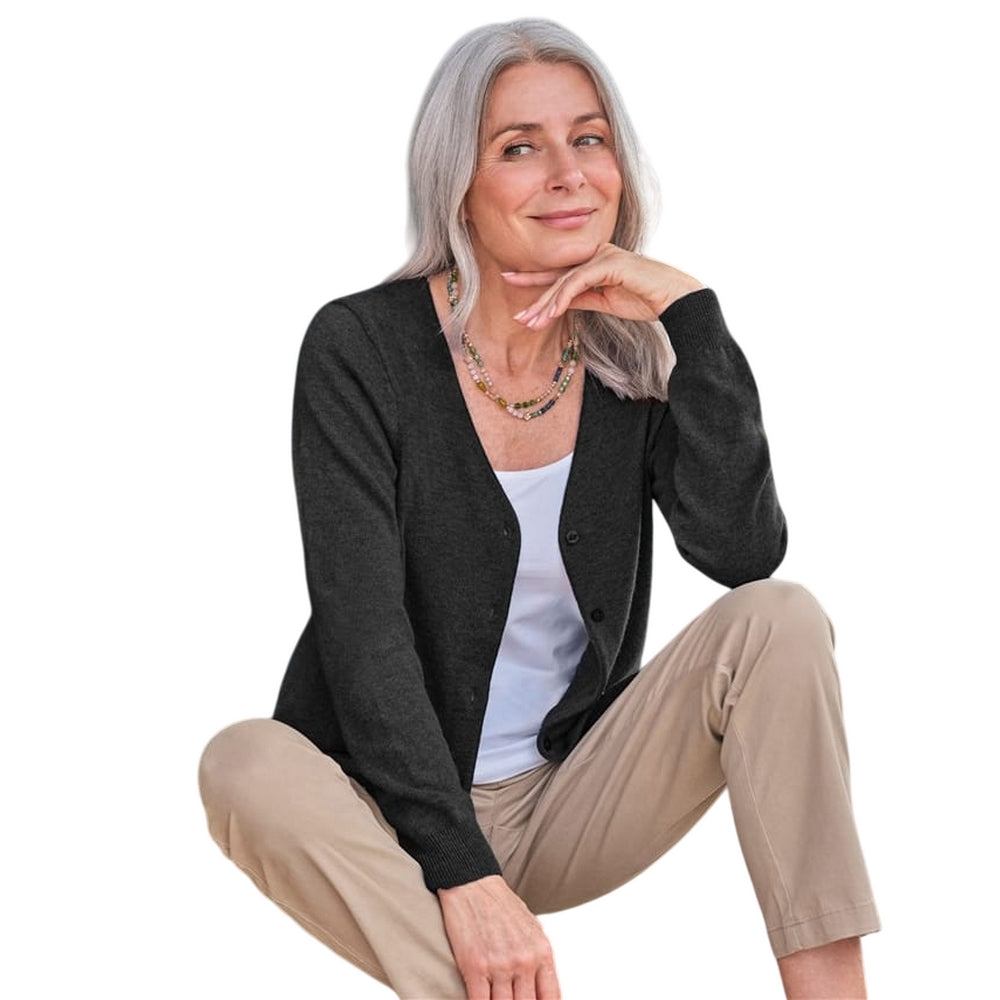 Dark Charcoal - Front - WoolOvers Womens-Ladies Cashmere V Neck Classic Cardigan