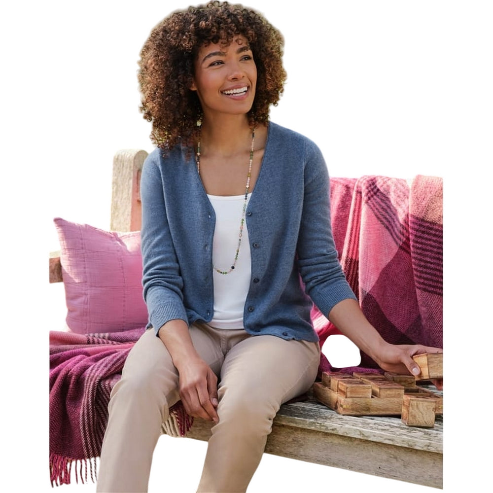 Denim Marl - Front - WoolOvers Womens-Ladies Cashmere V Neck Classic Cardigan