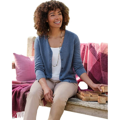 Denim Marl - Front - WoolOvers Womens-Ladies Cashmere V Neck Classic Cardigan
