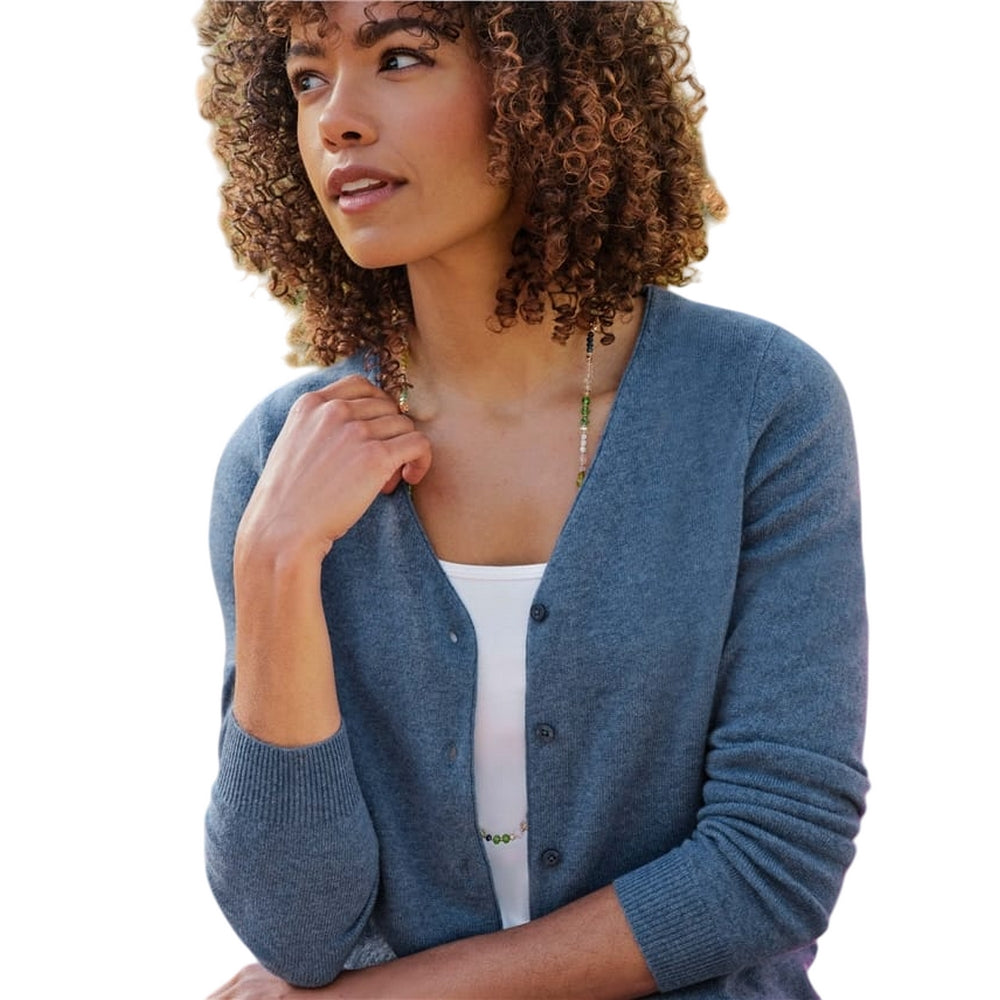 Denim Marl - Side - WoolOvers Womens-Ladies Cashmere V Neck Classic Cardigan