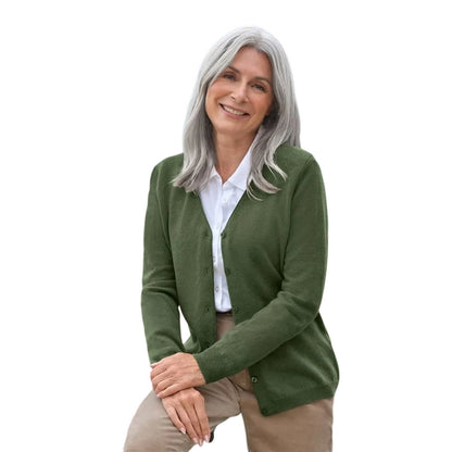 Khaki Green-Haze - Front - WoolOvers Womens-Ladies Cashmere V Neck Classic Cardigan