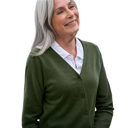 Khaki Green-Haze - Side - WoolOvers Womens-Ladies Cashmere V Neck Classic Cardigan