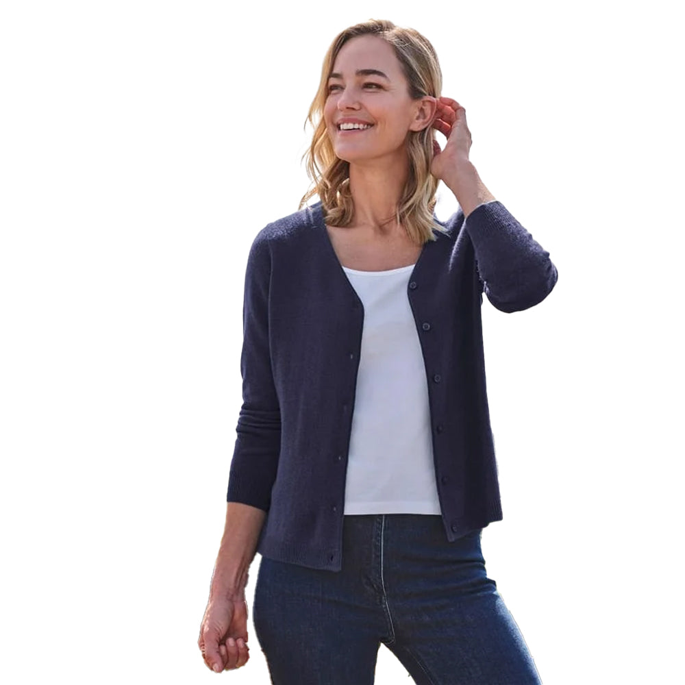 Navy - Front - WoolOvers Womens-Ladies Cashmere V Neck Classic Cardigan