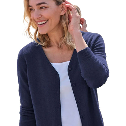 Navy - Side - WoolOvers Womens-Ladies Cashmere V Neck Classic Cardigan