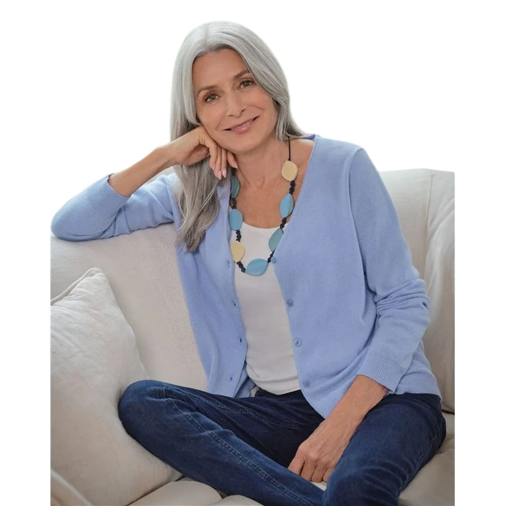Periwinkle Blue - Front - WoolOvers Womens-Ladies Cashmere V Neck Classic Cardigan