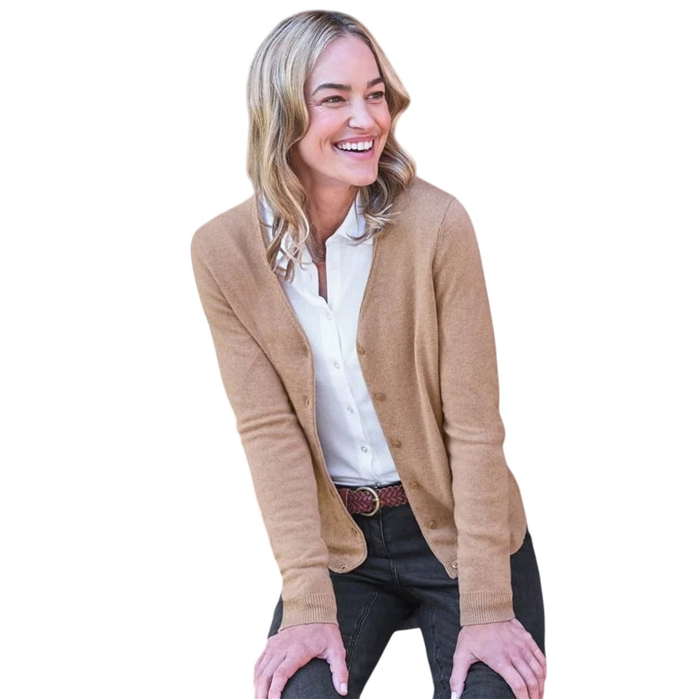 Camel - Front - WoolOvers Womens-Ladies Cashmere V Neck Classic Cardigan