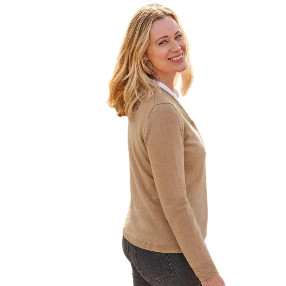 Camel - Back - WoolOvers Womens-Ladies Cashmere V Neck Classic Cardigan