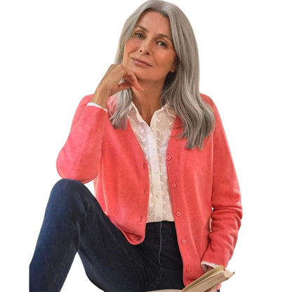Coral Pink - Front - WoolOvers Womens-Ladies Cashmere V Neck Classic Cardigan