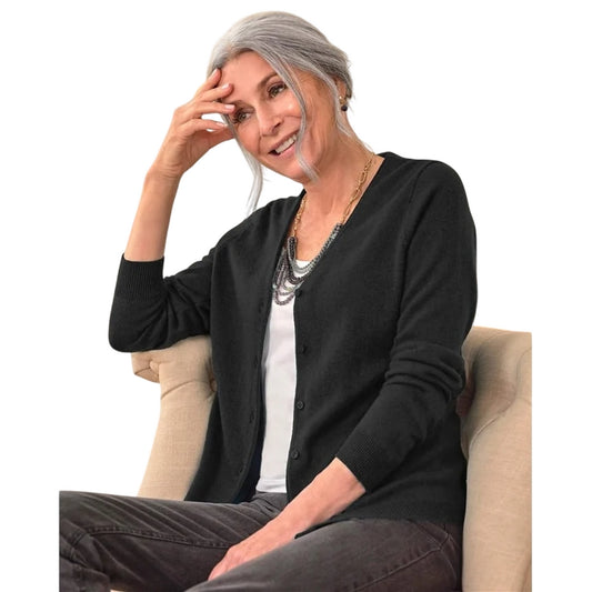 Black - Front - WoolOvers Womens-Ladies Cashmere V Neck Classic Cardigan