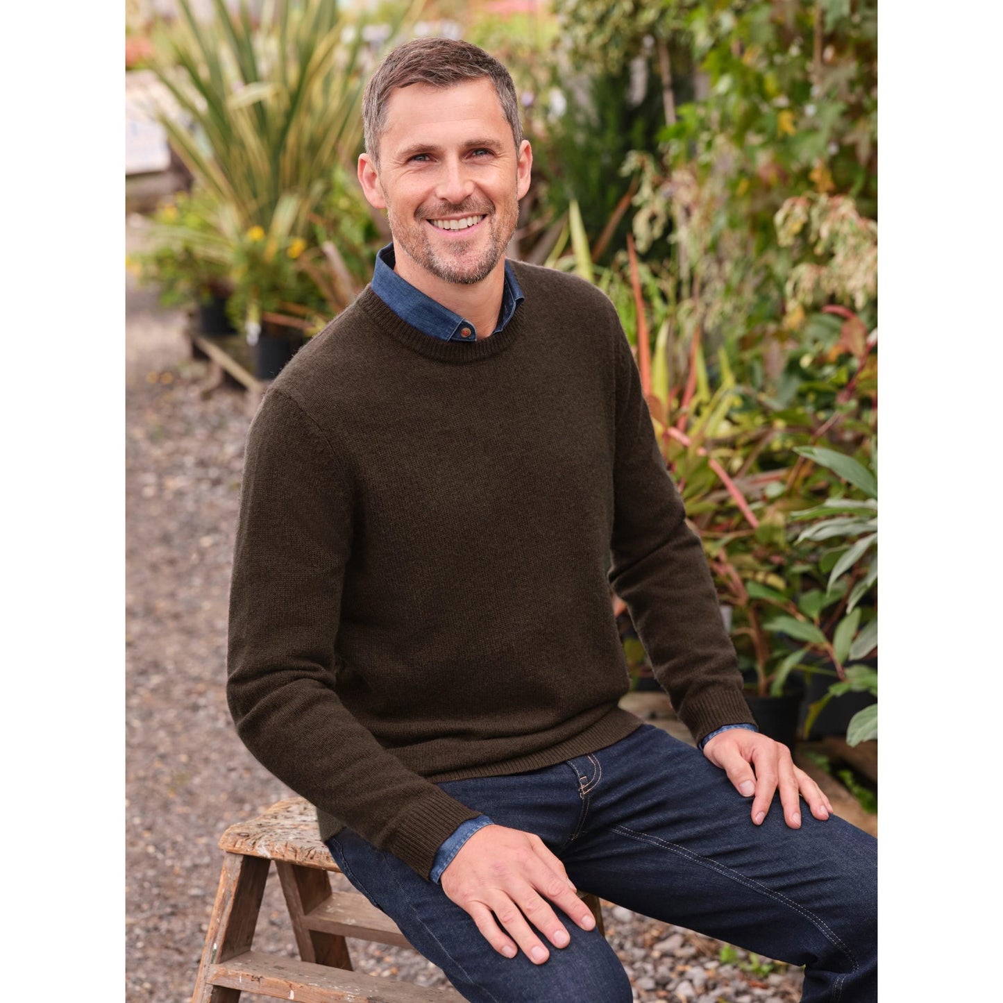 Brown - Front - WoolOvers Mens Lambswool Crew Neck Jumper